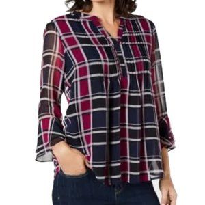 Charter Club Petite Berry Plaid Double Ruffle Bell Pintuck Blouse